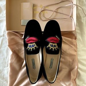 Prada velvet embroidered loafers